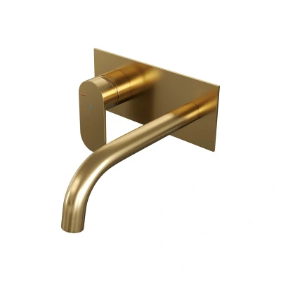 Afbeelding van Brauer Gold Edition Wastafelmengkraan inbouw gebogen uitloop rechts hendel breed plat afdekplaat model C2 PVD geborsteld goud