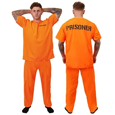 Afbeelding van UNISEX ORANJE VEROORDEELDE GEVANGENE KOSTUUM VOOR VOLWASSENEN. VEROORDEELDE, GEVANGENE, DIENDERS EN ROVERS KOSTUUM. BOVENKLEDING BROEK. MAAT: XX GROOT