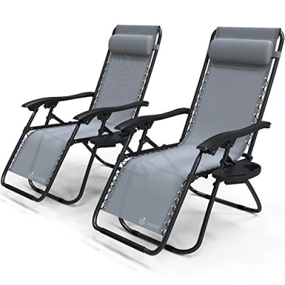 Afbeelding van vounot Set van 2 ligstoelen met afneembare bekerhouder, tuinstoel, opvouwbaar, textiel, ligstoel hoofdbekleding, maximale belasting 120 kg, grijs