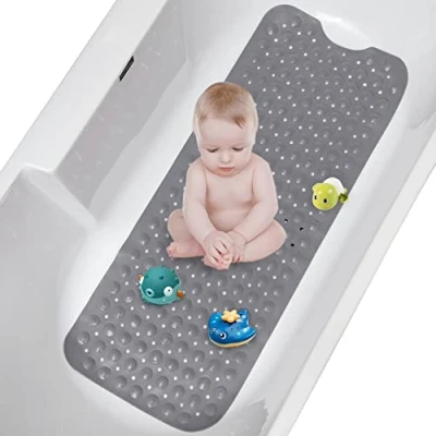 Afbeelding van McNory Antislipmat voor badkuip, 100 x 40 cm, extra lange badmat, machinewasbaar, douchemat met zuignappen, antislip (grijs)