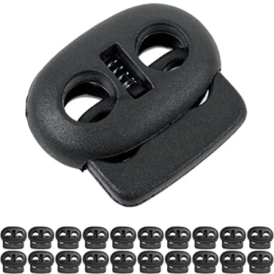 Afbeelding van 2 gaats koordstopper, 20 stuks, in zwart, tot Ø 4 mm koord, bandklem voor jas, sportkleding, rugzak, rubberen snelsluiting, veters, glijbaan, tanka koordstopper