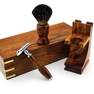Afbeelding van Haryali Fine Wood scheerset voor heren met dubbele rand veiligheidsrazor, pure zwarte dassenscheerborstel, borstelstandaard &amp; doos