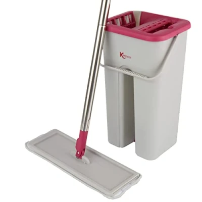 Afbeelding van Kleeneze Mop emmerset met platte kop Slimline Design ingebouwde wringer roze/grijs