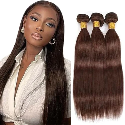 Afbeelding van Tuheers Long Hair Bundles Brown #4 Chocolate Human for Woman Straight Extensions 3 Real Double Weft 34 Inches Virgin