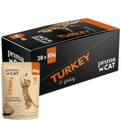Afbeelding van PrimaCat Klassiek natvoer voor kittens, smaak kalkoen in juss, verpakking van 28 stuks met elk 85 g