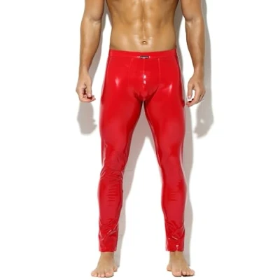 Afbeelding van Bodywear4you Leren leggings voor heren in lak latex look, kunstleer, nauwsluitend broek, meggings, wetlook, lederhose patent pants, rood, XXL