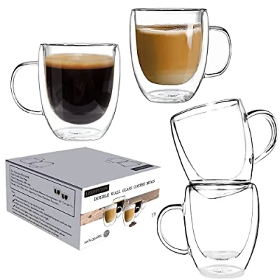 Afbeelding van Set van 4 dubbelwandige glazen koffiekopjes met mouwen, lichte geïsoleerde kopjes, hittebestendig, voor cappuccino, latte, thee, stuks, 350 ml