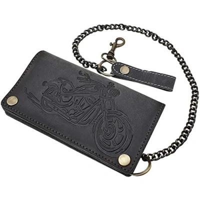 Afbeelding van myledershop Echt buffel volleren bikerportemonnee, portemonnee, portemonnee met metalen ketting, uitneembare kaarthouder RFID en NFC bescherming, in 3 kleuren, grijs, Eén maat,