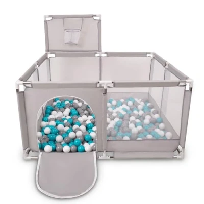 Afbeelding van Selonis Square Babybox Met Plastic Ballen, Basketbal, Grijs:Grijs/Wit/Turkoois,200 Ballen