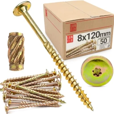 Afbeelding van Lun Fix Platkopschroeven 8 x 120 mm, 50 stuks, TX40, platte kop/freesribben, geel verzinkt, torx schroeven, kopschroeven hout, constructieschroeven