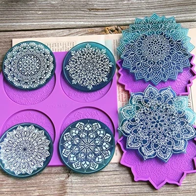 Afbeelding van FZSECRIU mandala onderzetters hars vormen, siliconen mallen epoxyhars, mal plaat, bloem vorm, epoxyhars rond, dienblad,