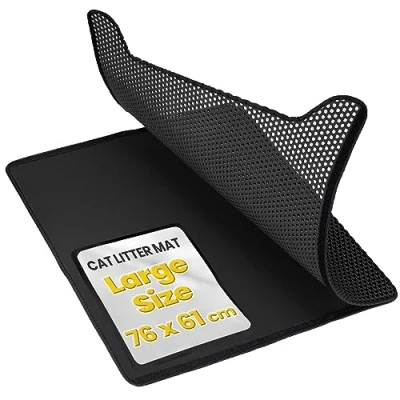 Afbeelding van Conlun kattenbakmat, hoogwaardige, dubbellaagse, waterdichte kattenmat, honingraatpatroon voor controle over de verspreiding van kattenbakvulling, eenvoudig te reinigen kattenbakmat (zwart, groot, 76 x 61 cm)