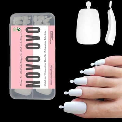 Afbeelding van NOVO OVO 120 stuks lange teen nageltips Press, gebogen volledige dekking tenen klauw, witte dubbele matte nepnagelverlenging voor pedicure acryl, taps toelopende vierkante zachte gel valse
