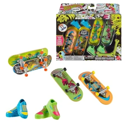 Afbeelding van Hot Wheels Skate Neon Botten, Set van 4 Vingerskateboards met Tony Hawk thema en Afneembare Skateschoenen, Ontworpen in Samenwerking Hawk, HXK84