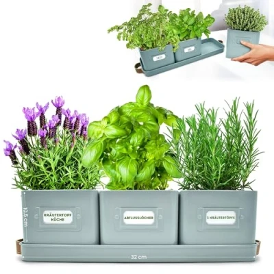 Afbeelding van Green Thumbz Kruidenpotjes, Kruidenpotten met leren handgrepen IIdeaal voor Bloempotten, Kruidentuin en Specerijen Plantenpotten keuken vensterbank dienblad inbegrepen (Teal Blue)
