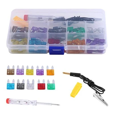 Afbeelding van 100 stuks Auto mini Blade zekering Kit Box, 2A 3A 5A 7.5A 10A 15A 20A 25A 30A 35A Standaard Diverse Vervanging Zekeringen Set met Elektrische Test Pen + Clip voor Truck SUV RV Boot