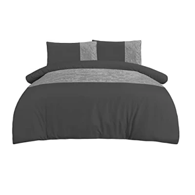 Afbeelding van Sleepdown Fluwelen manchet houtskoolgrijs paneel band luxe zacht, gezellig dekbedovertrek met kussenslopen tweepersoons (200 cm x 200 cm)