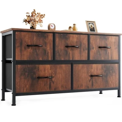 Afbeelding van DUMOS commode met laden multifunctioneel geschikt voor slaapkamer, borst of drawers 5 laden, stoffen stabiel stalen frame, ideaal woonkamer (vintage bruin)