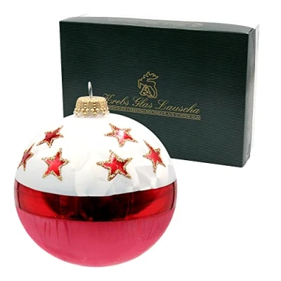 Afbeelding van Dekohelden24 Lauschaer Kerstboomversiering Set van 6 glazen ballen in ijswit en rood, mondgeblazen met de hand gedecoreerd rode sterren, gouden kroontjes, diameter ca. 8 cm, (KGL10882)