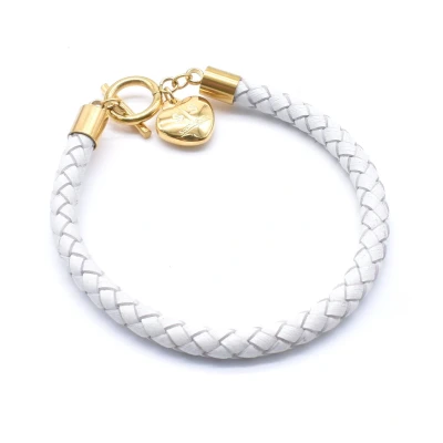Afbeelding van Leren armband met hartje wit lichtgrijs dames 16,5cm gouden leer geschenkverpakking Lederen hartjes van Sophie Siero Sieraden Armbanden