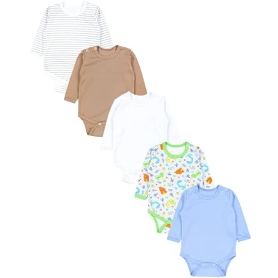 Afbeelding van TupTam Baby Jongens Rompertjes met Lange Mouwen 5 Pack, Dino Blauw Wit Beige Strepen Grijs, 98