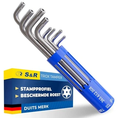 Afbeelding van S&amp;R Hoeksleutelset voor Torx schroeven 8 delig. Boort TX10 TX50, in cilinder kunststofclip