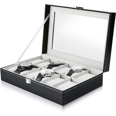 Afbeelding van Watch Box, Ohuhu 12 Slot Holder met Glazen Deksel, PU Leather Case Box for Men and Women, Display Storage als cadeau voor Valentijnsdag Verjaardag, Grijs