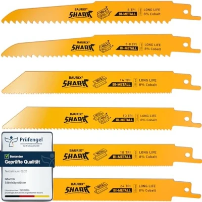 Afbeelding van BAURIX® Decoupeerzaagbladen SHARK® [6 Stuks] 150 mm 5/8 tot 24 TPI Reciprozaag voor snelle en zuivere zaagsneden spijkers, metaal, kunststof hout