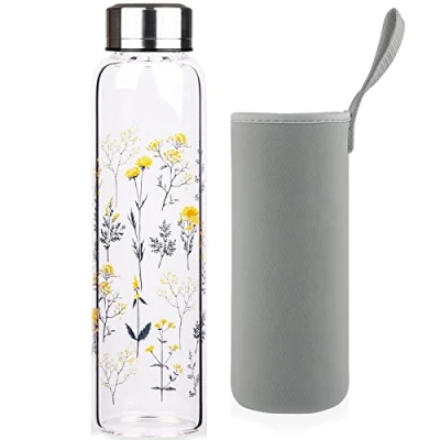 Afbeelding van Reeho Borosilicaatglazen waterfles, glazen drinkfles met neopreen hoes en lekvrij roestvrijstalen deksel, 500 ml/1000 ml/1 liter (1000 ml, bloeiende takken)