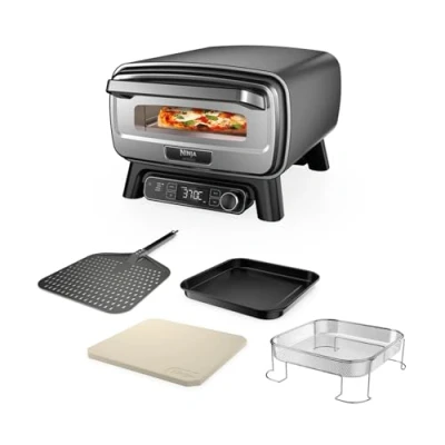Afbeelding van Ninja Artisan Electric Outdoor pizza Oven &amp; Air Fryer, 4 functies: Pizza, Airfryen, Bakken en Rijzen, 5 instellingen, met pizzasteen van 30 cm, pizzaschep, bakplaat airfry mand, grijs MO201EU