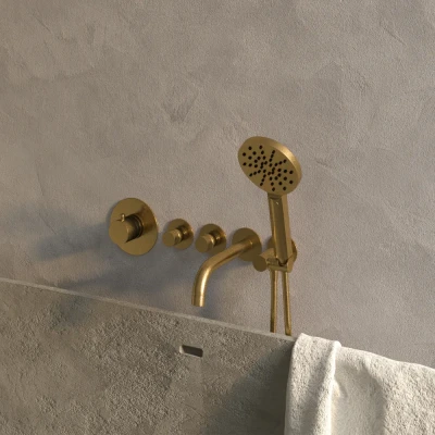 Afbeelding van Brauer Gold Edition Badkraan Inbouw douchegarnituur 20cm uitloop inbouwdeel 3 gladde knoppen handdouche rond standen PVD geborsteld