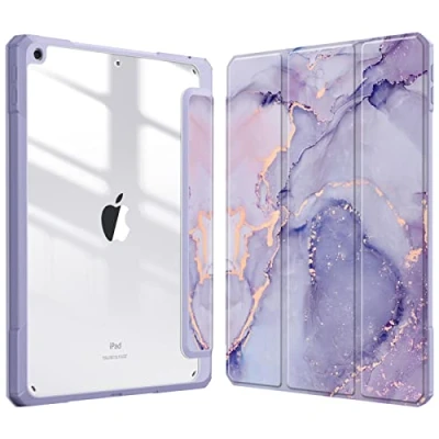Afbeelding van FINTIE Hybride hoes compatibel met iPad 9e/8e/7e generatie (2021/2020/2019 model, 10,2 inch) schokbestendige transparante achterkant potloodhouder, automatisch waken/slapen, lila marmer