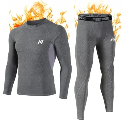 Afbeelding van MEETWEE Thermische ondergoedset voor heren, winter, lange mouwen, basislaag, sneldrogende onderbroek compressiepak training, skiën hardlopen wandelen, Grijs, L