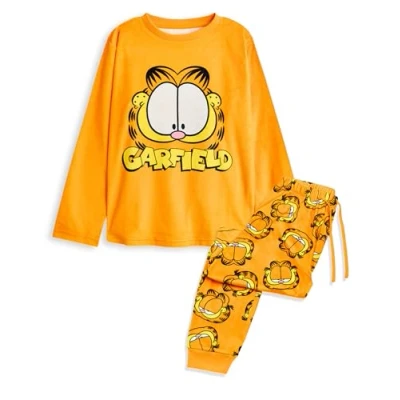 Afbeelding van Garfield Damespyjamaset Lazy Cat grafische top met lange mouwen en pyjamabroek pijpen voor volwassenen in oranje Dames cartoon kat karakter