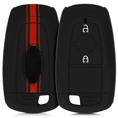 Afbeelding van kwmobile Autosleutel hoesje geschikt voor Ford 2 knops Keyless Go behuizing in rood / zwart Rallystrepen design