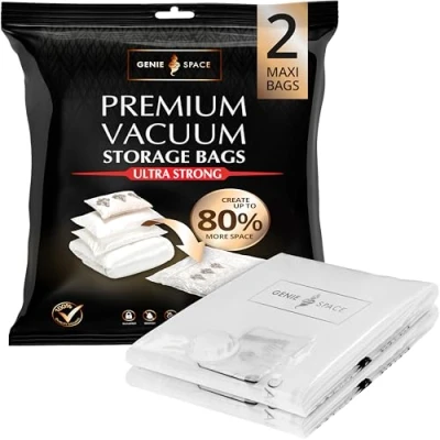 Afbeelding van GENIE SPACE Zeer Sterke Premium Ruimtebesparende Vacuum Zakken 2 x MAXI (110x90cm) Luchtdicht &amp; Herbruikbaar Creëer 80% meer ruimte voor Kleding, Handdoeken, Beddengoed, Dekbedden