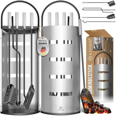 Afbeelding van KESSER® haardaccessoires 5 delige set modern design, gecoat, hoogwaardige haardgarnituur uit delen: bezem, schep, pookhaak, tang, standaard met inkijkbescherming roestvrij staal zilver