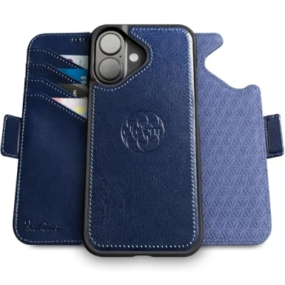 Afbeelding van Dreem Fibonacci compatibel met iPhone 16 portemonnee case / 2 in 1 schokbestendig hoesje en afneembare veganistisch lederen folio, MagSafe, RFID bescherming [Koninklijk]