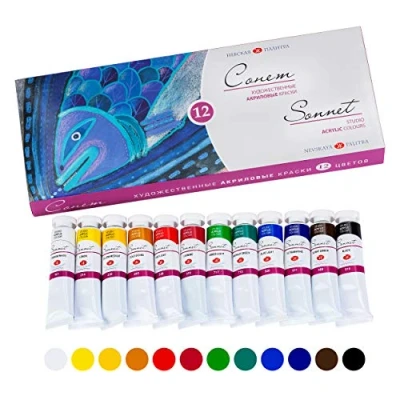 Afbeelding van Sonnet Acrylkleuren Set 12 x 18 ml Acrylverf tubes Verf en Versier Elk Oppervlak Gemaakt door Nevskaya Palitra