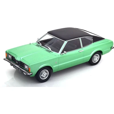 Afbeelding van het 1:18 gegoten model van De Ford Taunus GT Coupé uit 1971 in groen metallic met zwart dak. fabrikant schaalmodel is KK Models. Dit alleen online verkrijgbaar