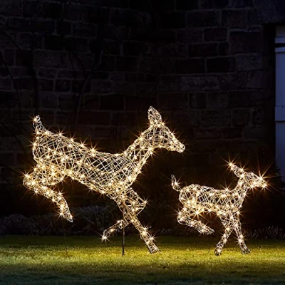 Afbeelding van Lights4fun Rendierfiguren van led rotan, Harlow 102 cm &amp; 60 rendieren, moeder en kind, kerstverlichting met timer, kerstfiguur voor buiten binnen