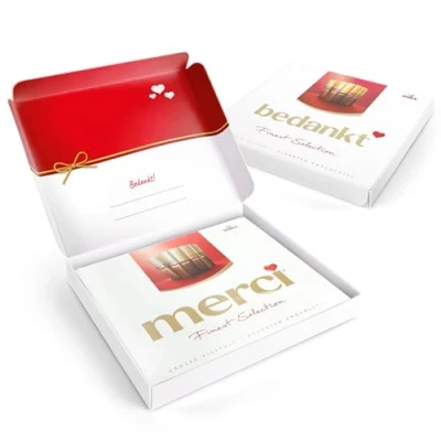 Afbeelding van Merci &quot;Bedankt&quot; giftbox gepersonaliseerd met naam of boodschap Finest Selection Uniek chocolade cadeau booschap (250 Gram)