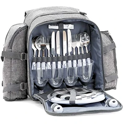 Afbeelding van CampFeuer Picknickrugzak voor 4 personen, picknickset 32 delig, grijs, met flessenhouder, picknickdeken, groot koelvak, servies en bestek, rugzak campingservies,