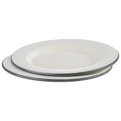 Afbeelding van APS Set van 2 platte borden E MAILLE Ø 26 cm, H: geëmailleerd plaatstaal, kleur: crèmewit met grijze rand