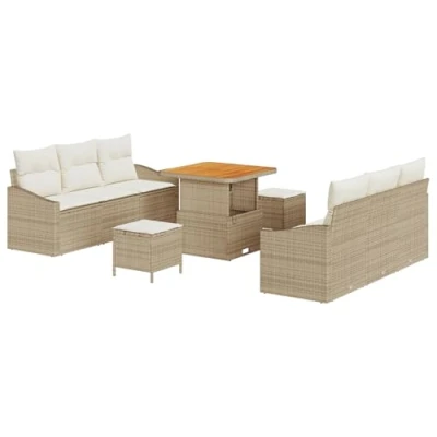 Afbeelding van vidaXL 9 Delige Tuin Sofa Set met Kussens Beige Poly Rattan Acacia, 2 Zits Rattan, 3 Eetset Acacia