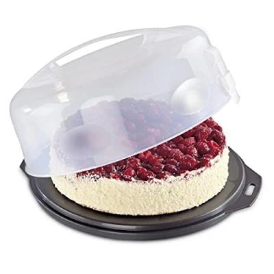 Afbeelding van Xavax Cake transportbox rond met deksel, taarthouder, diameter 31,5 cm, binnenhoogte 8 taartdoos stukindelingshulp, antraciet, transparant