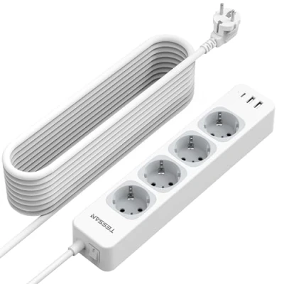Afbeelding van TESSAN USB C Stopcontacten, Meerdere Stopcontacten 4 Schuko met 1 en 2 A, voor 3600W 7 in Meervoudige Stekker Verlengkabel 10m, Thuis, Stopcontact Grijs