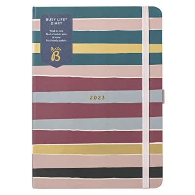 Afbeelding van Busy B Life Diary januari t/m december 2023 A5 Stripe Week to View Planner met dubbele schema&#039;s, pennenhouder en zakken