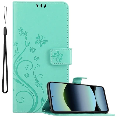 Afbeelding van Cadorabo Hoesje geschikt voor Xiaomi RedMi Note 14 5G in BLOEMEN TURKOOIS Beschermhoes bloemmotief met magnetische sluiting, standfunctie en kaartsleuven Book Case Cover Etui