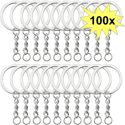Afbeelding van Fako Bijoux® Sleutelringen Met Ketting Sleutelhanger Ringen Splitringen RVS Plat 25 mm 100 Stuks